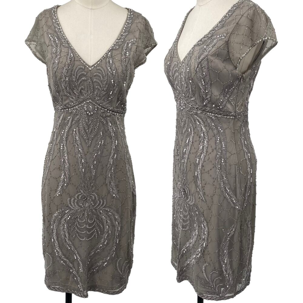 Sue Wong Beaded Sheath Dress Embroidered V Neck Cap Sleeve Platinum Silver NEW 6